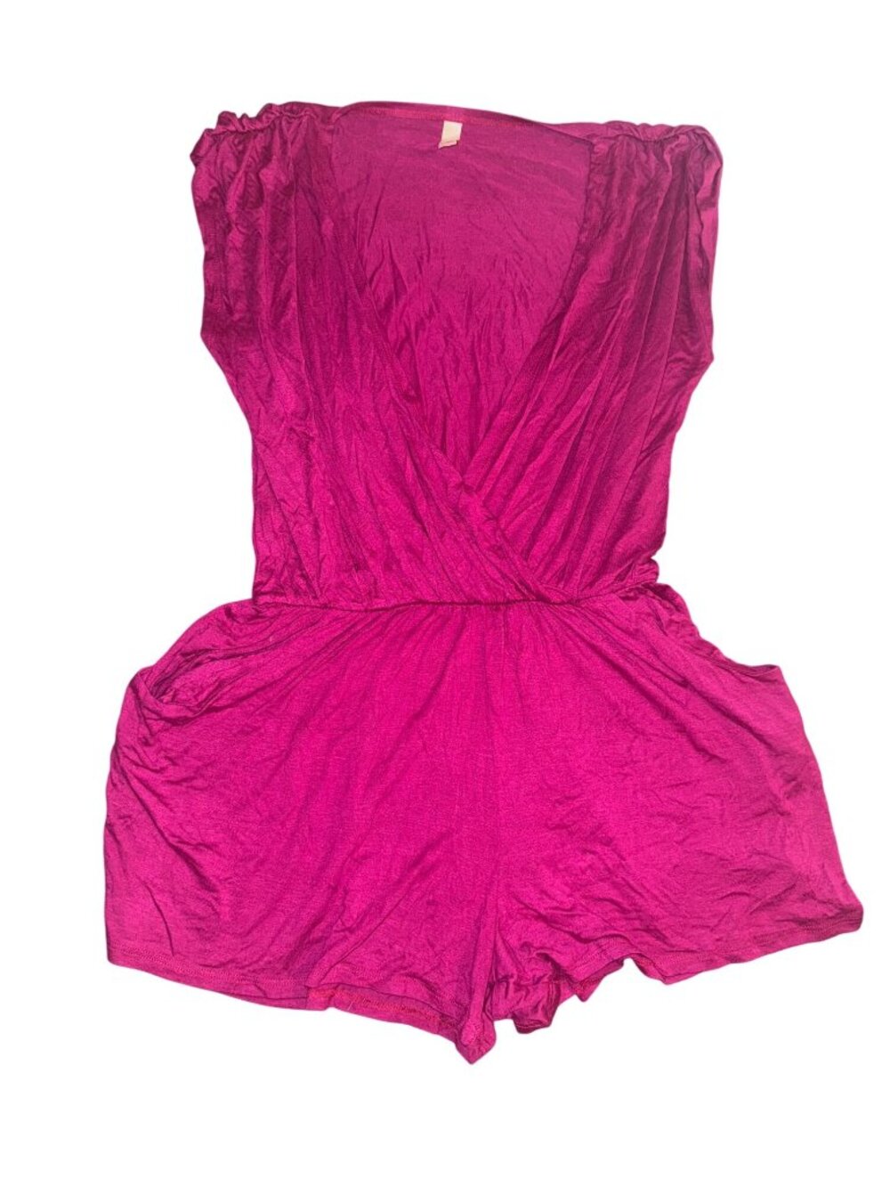 Loveappella Womens Fuchsia Romper With Draped V-Neckline & Shirred Shoulders